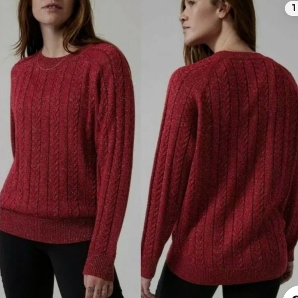 Athleta Red Metallic Cable Knit Sweater Merino Wool Oversized M Holiday Cozy